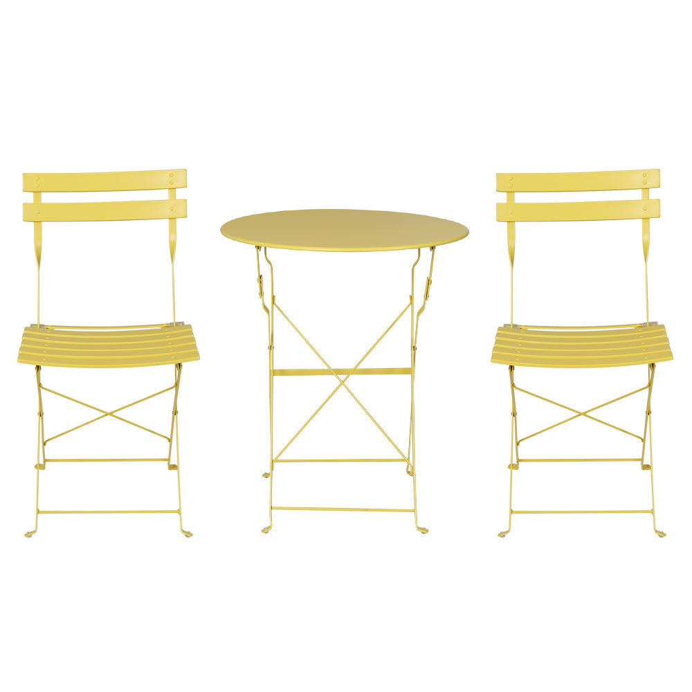 Yellow round bistro table with two folding chairs, front view