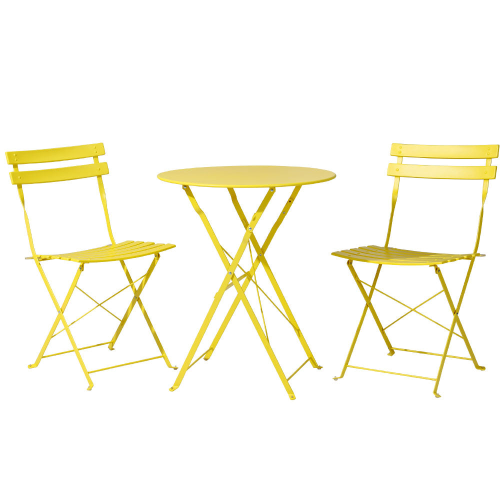 Yellow 3-piece bistro set: round table and two folding chairs, studio view