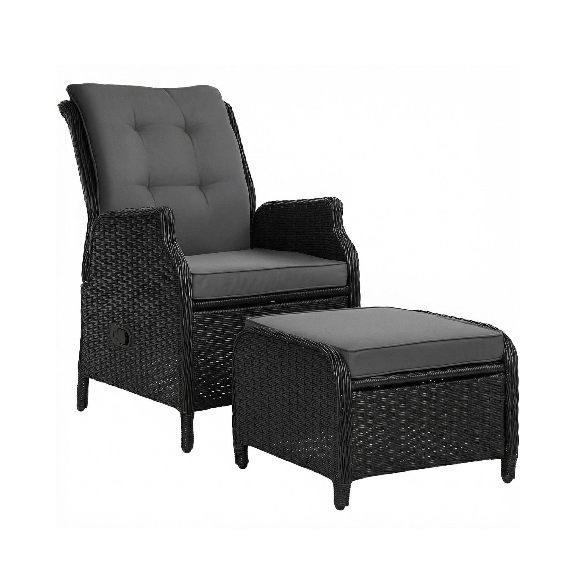 Black wicker recliner chair with gray seat cushion and matching footrest ottoman