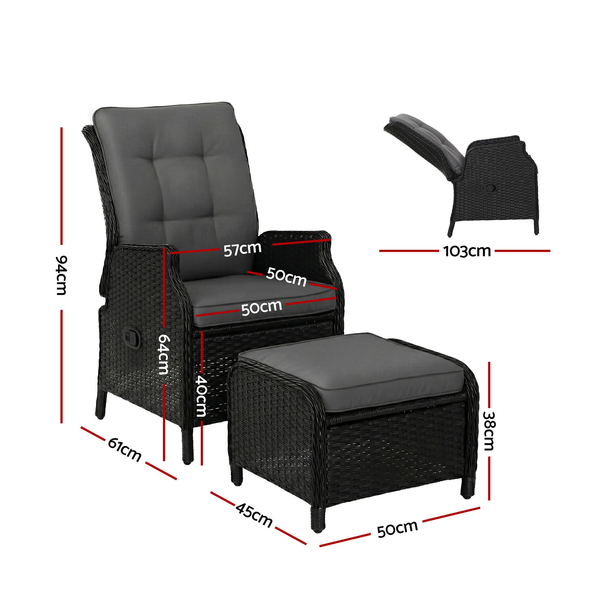 Black wicker recliner chair with gray cushions; diagram shows red size measurement lines