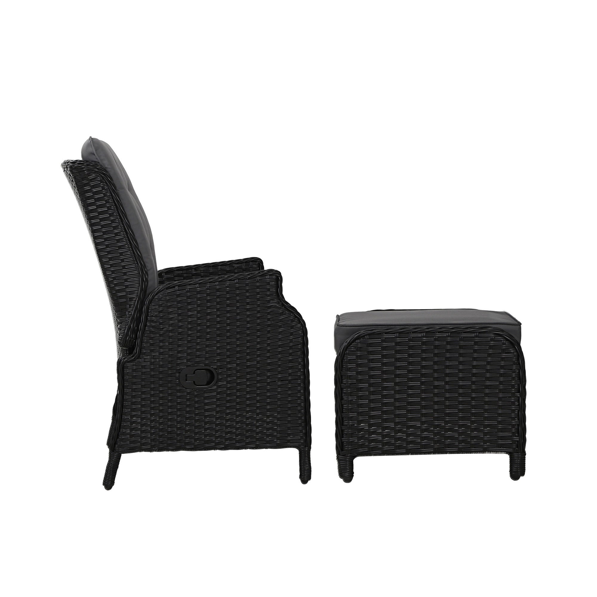 Black wicker recliner chair with gray back and seat cushions and matching footrest ottoman