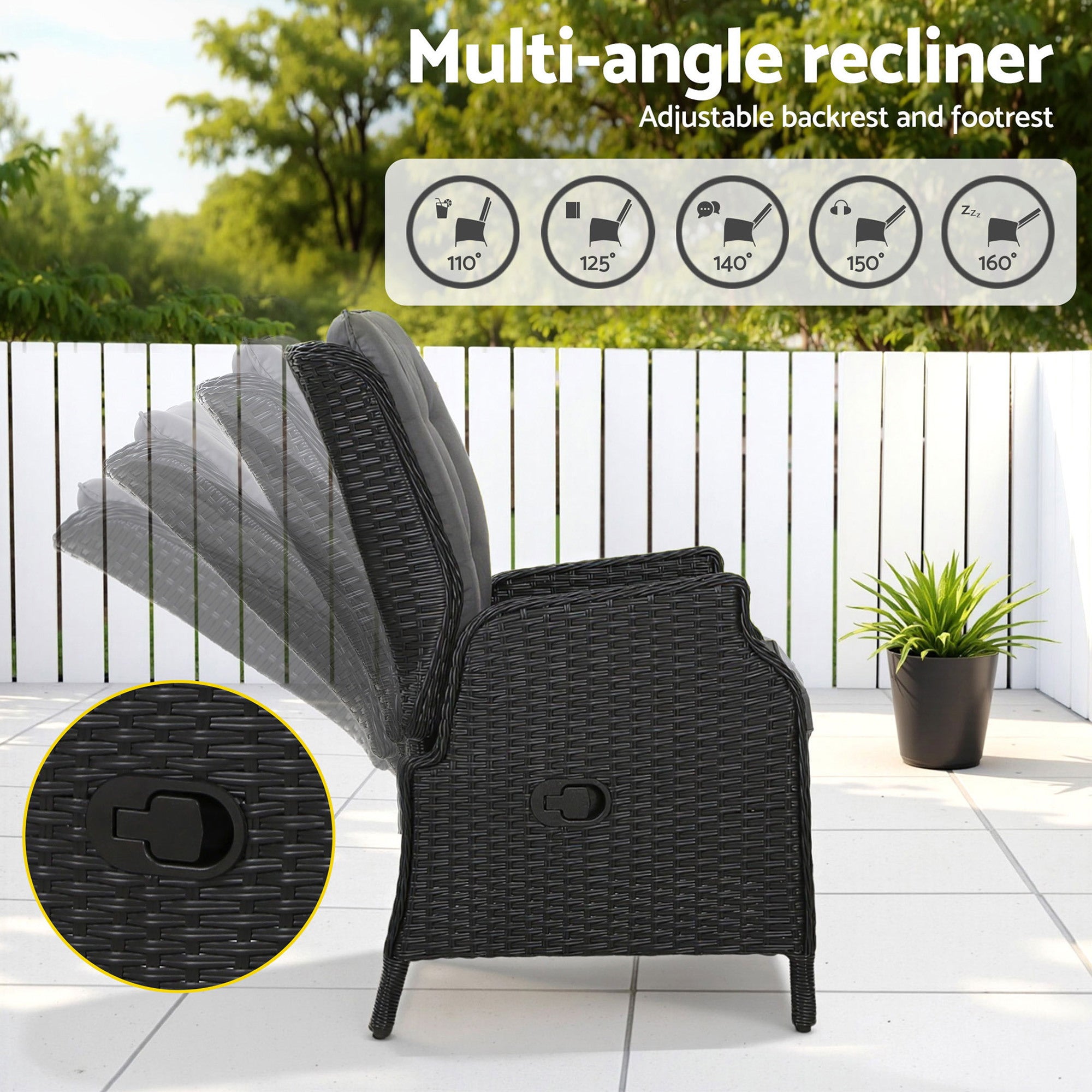 Black wicker recliner chair with gray back and seat cushions, shown from the side
