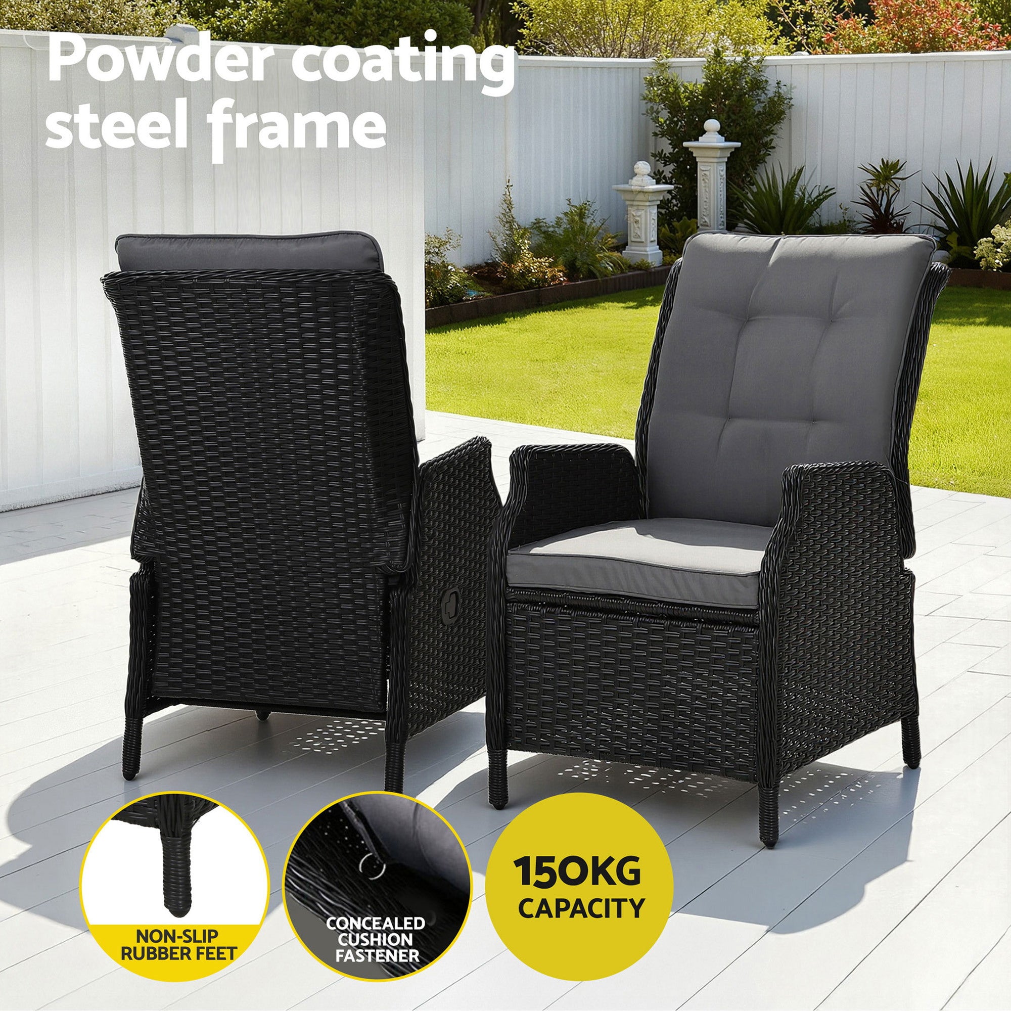 Black wicker patio recliner chair with gray seat cushion and built-in side handle