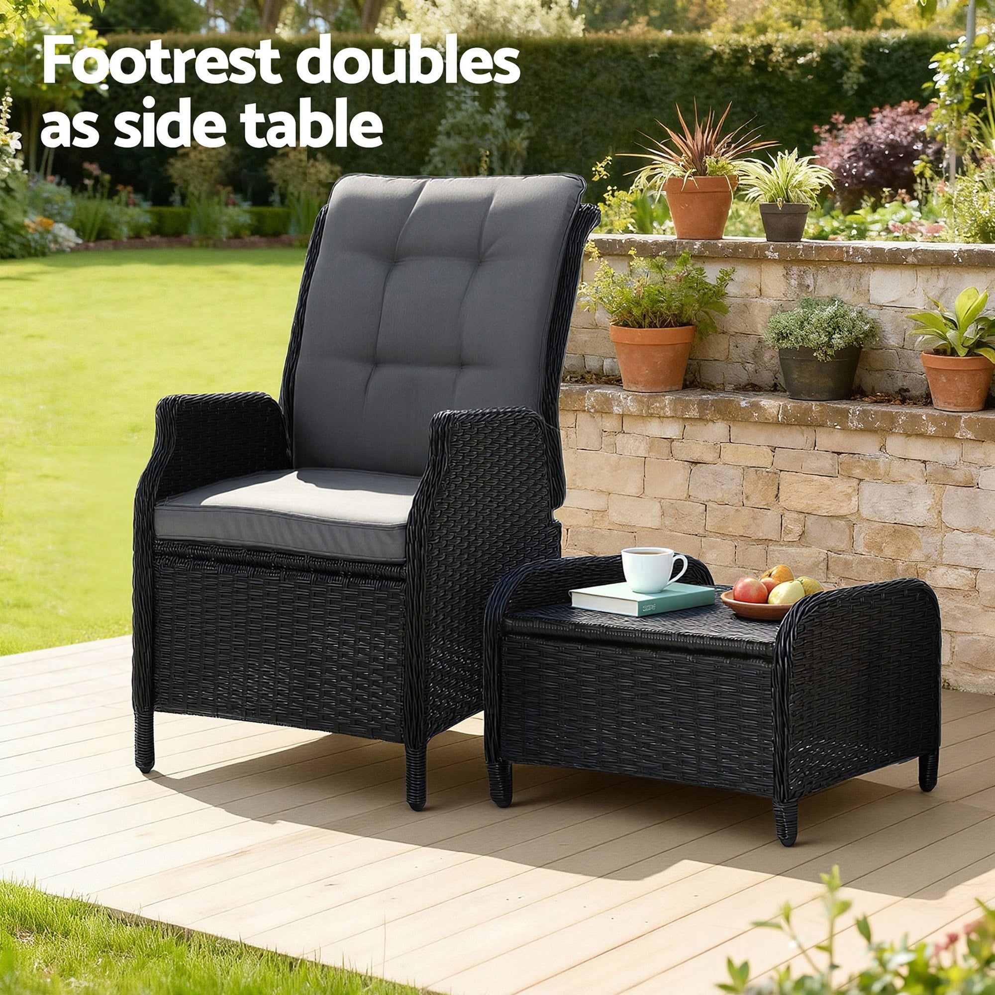 Black wicker recliner chair with gray cushions and separate footrest ottoman