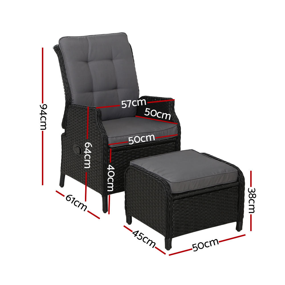 Single outdoor wicker recliner chair with dark frame, light gray cushion, and ottoman