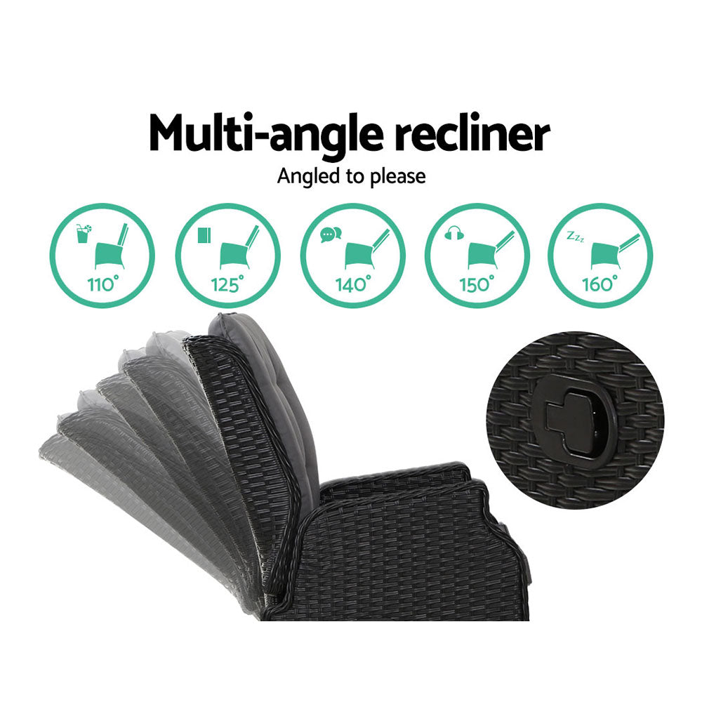 Multi-angle outdoor wicker recliner chair with dark frame and light gray seat cushion
