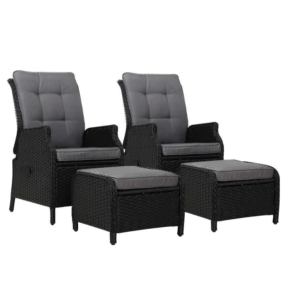 Outdoor wicker recliner chair set with dark weave, light gray cushions, and ottomans