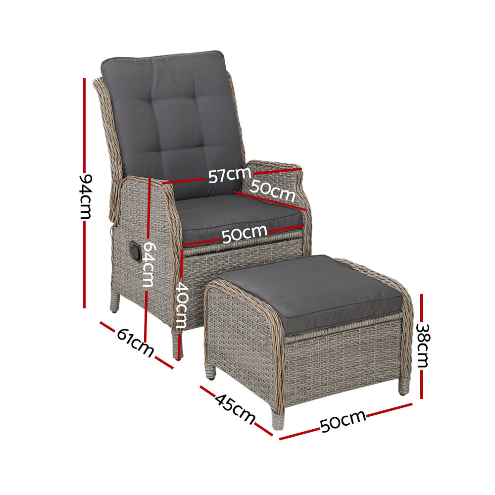 Adjustable outdoor wicker recliner chair with grey cushions and matching footrest