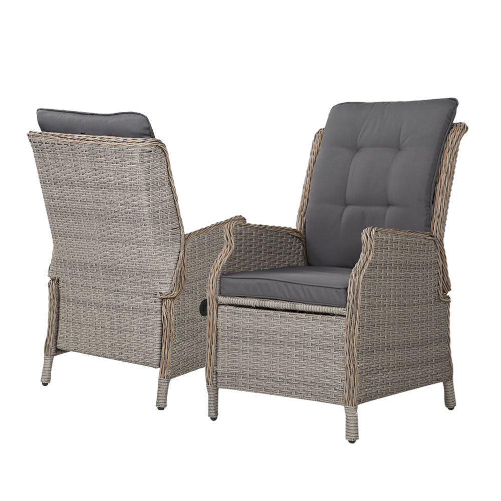 Outdoor wicker recliner chair set with grey cushioned seat and padded backrest