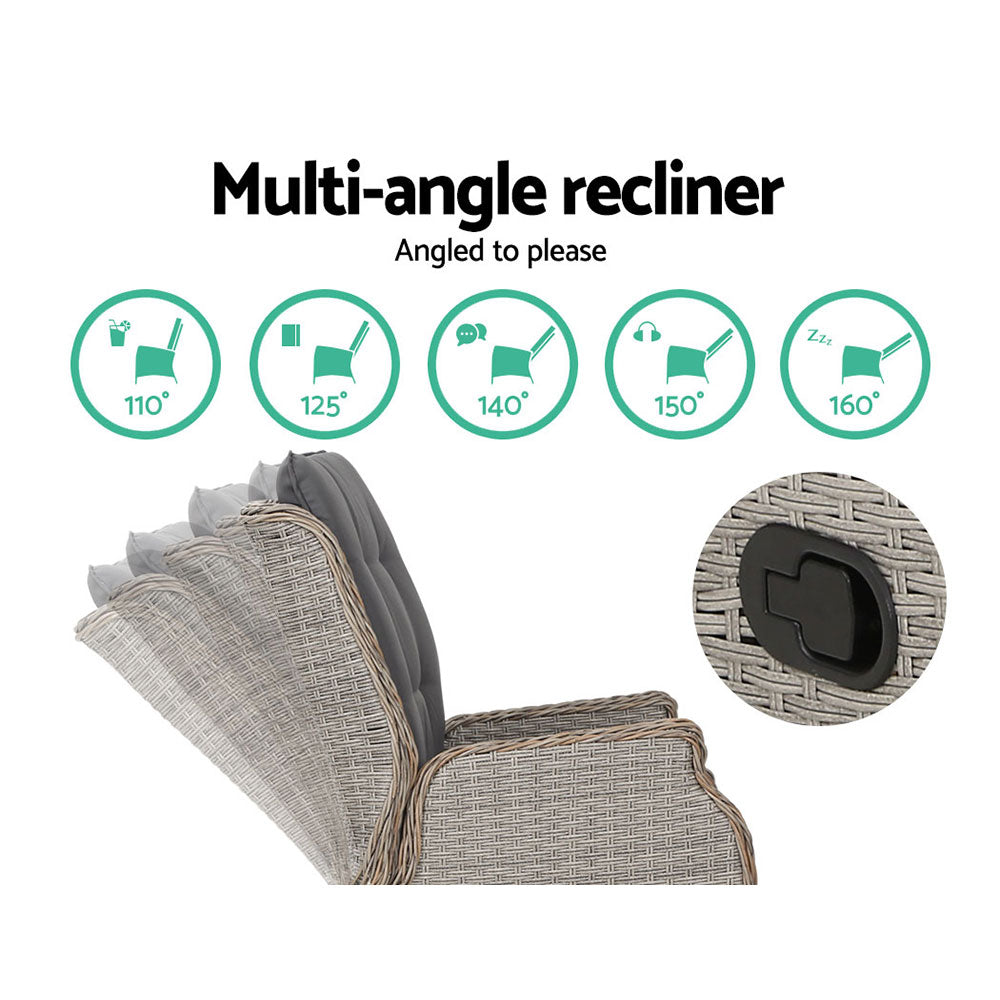 Wicker recliner chair with dark grey backrest and seat cushion, recline angle shown