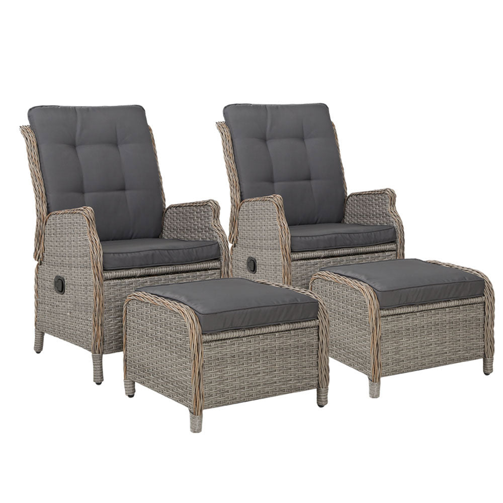 Outdoor recliner chair set with two wicker chairs, dark grey cushions and matching ottomans