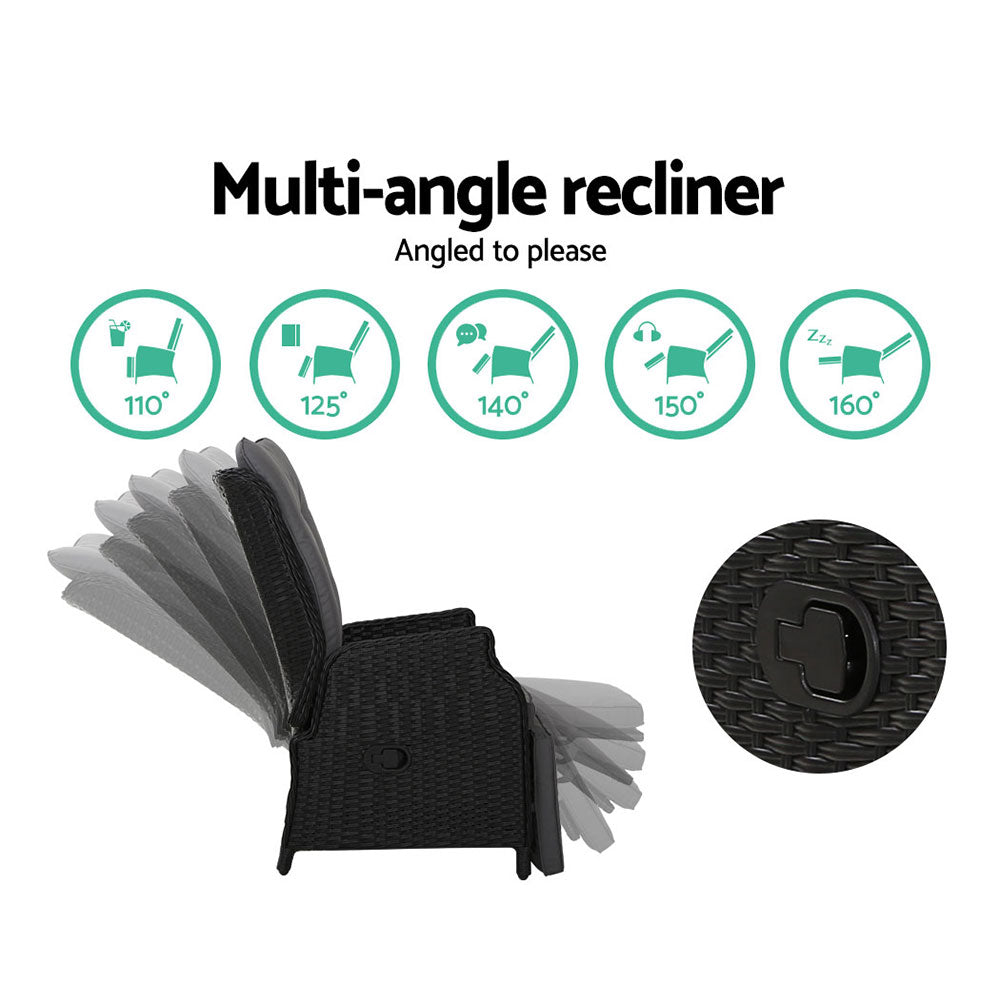 Outdoor multi-angle recliner lounge chair, black wicker with gray padded seat
