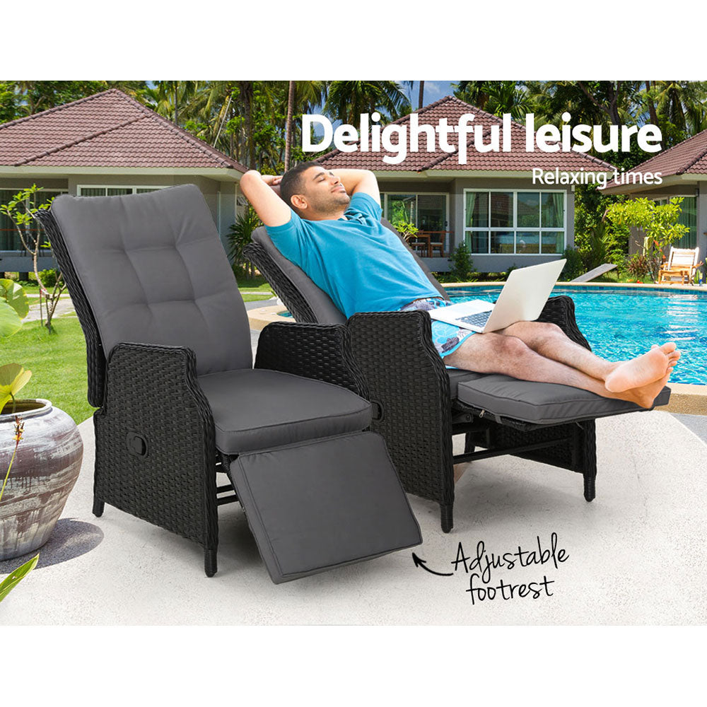 Outdoor recliner chairs with gray cushions and black wicker, adjustable reclining lounge