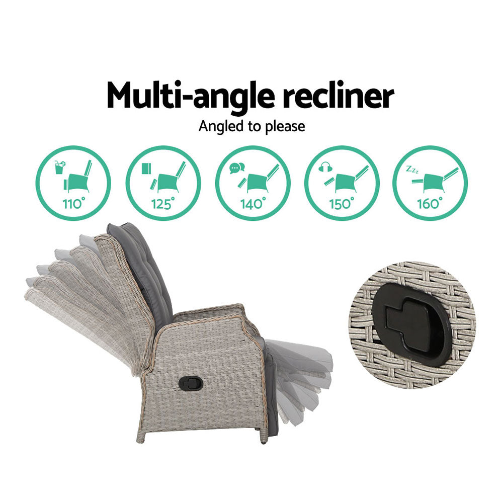 Outdoor recliner chair with woven wicker frame and grey padded back, multi-angle design
