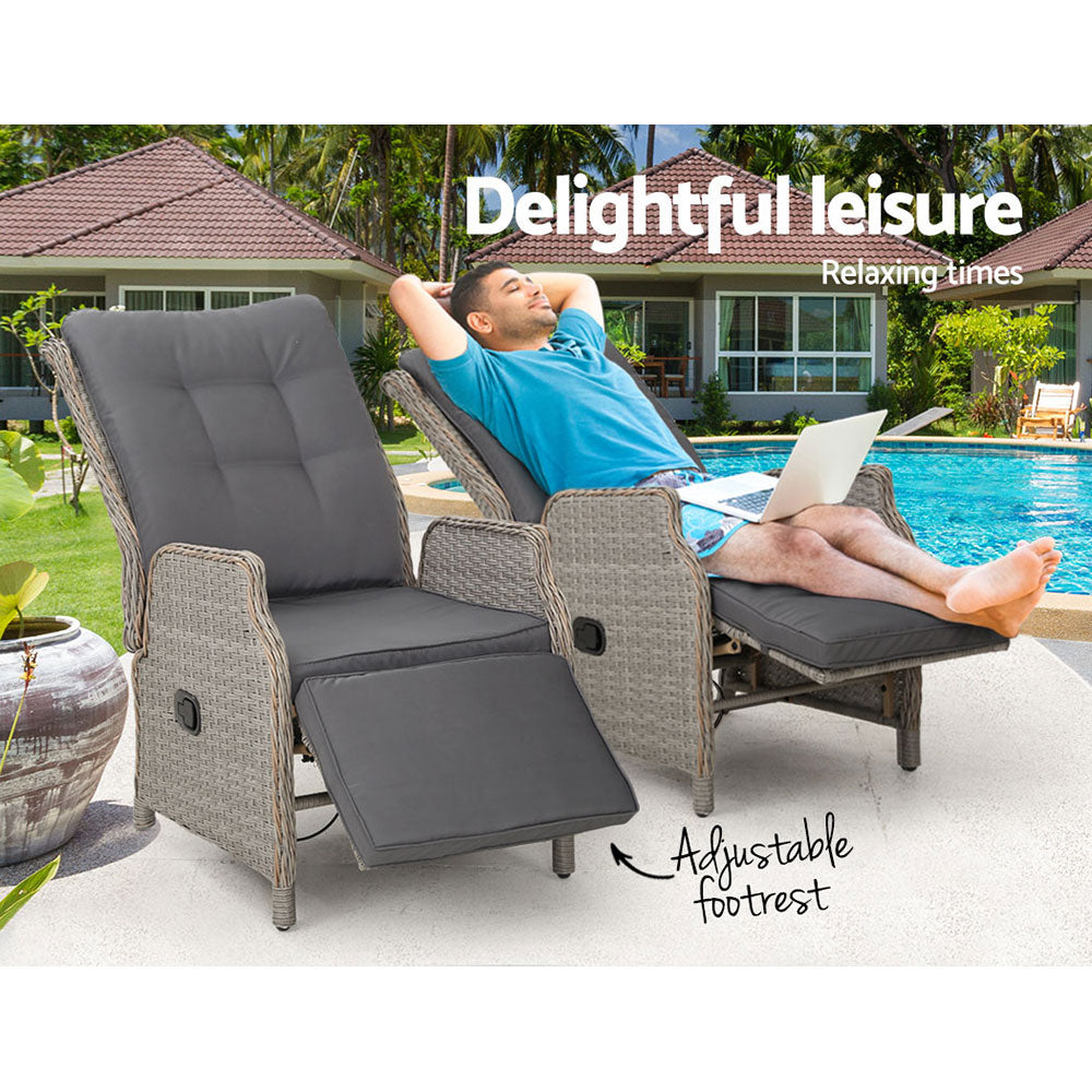 Outdoor recliner chair with gray padded seat, high back, and woven wicker frame