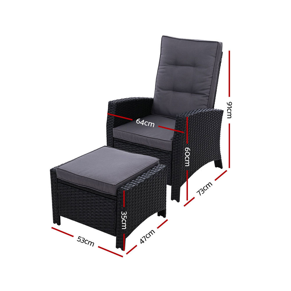 Adjustable outdoor recliner chair with black wicker and gray cushion, with matching ottoman