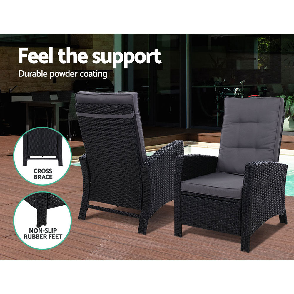 Outdoor recliner chair set: black wicker chair with gray cushions plus matching ottoman