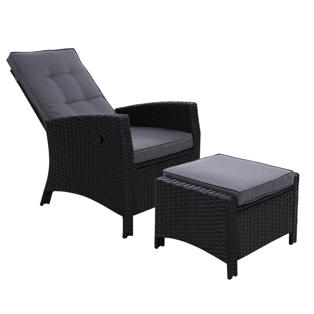Outdoor recliner chair and ottoman set with black wicker texture and gray seat cushion