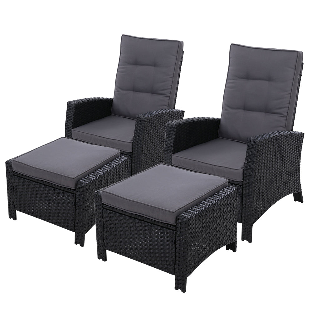 Outdoor wicker recliner set with black woven chairs, gray cushions, and matching ottomans