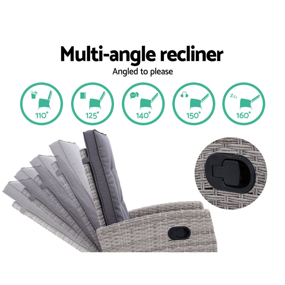 Grey wicker multi-angle recliner chair with dark grey cushions and padded backrest