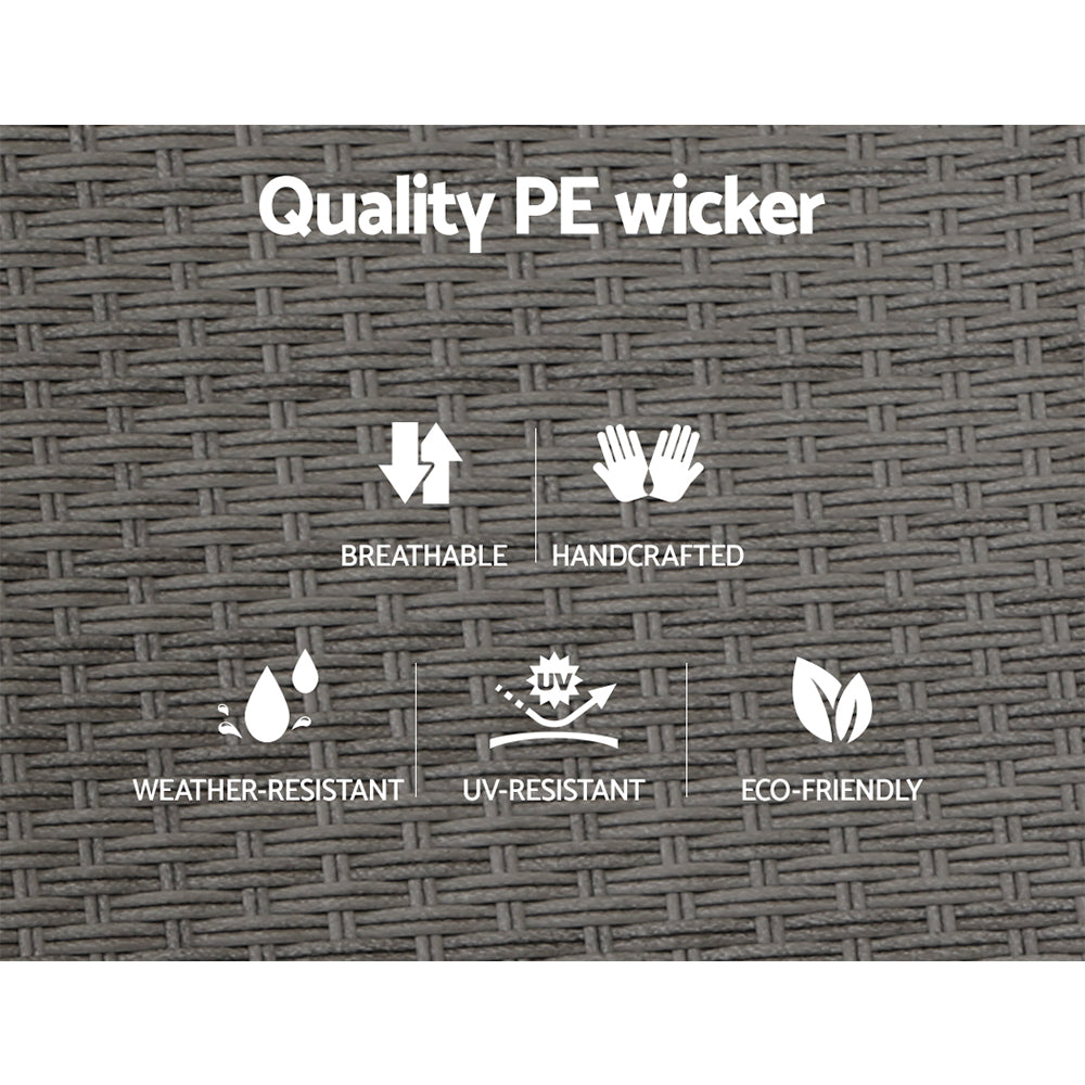 Grey PE wicker recliner chair with dark grey cushions, material feature icons