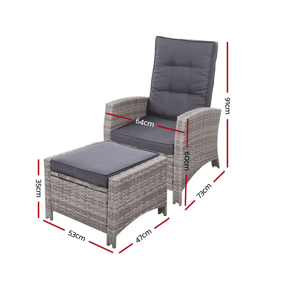 Adjustable outdoor recliner chair with grey cushion, padded back, and ottoman-style base