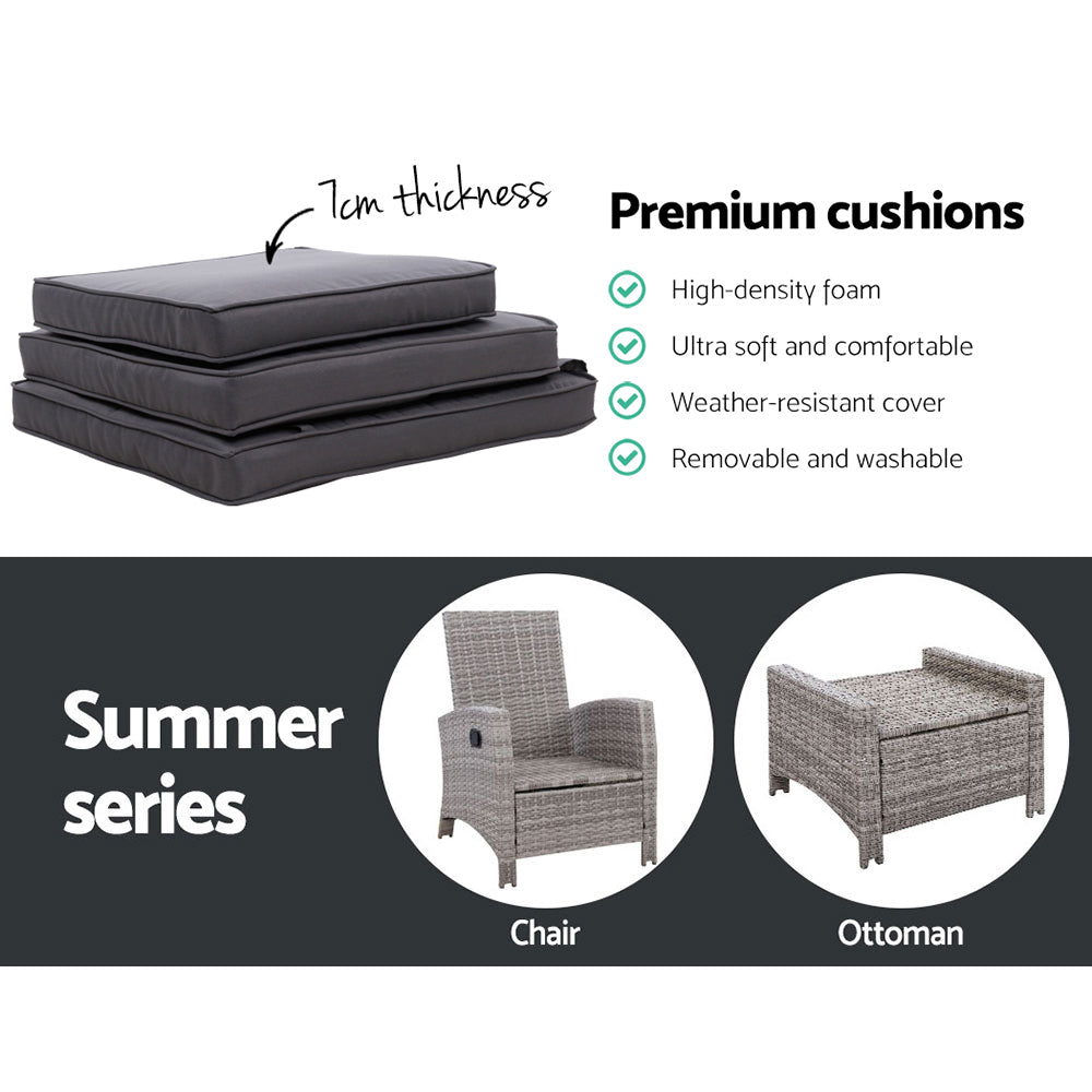 Outdoor recliner cushions with 7cm thick dark grey seat pads and removable covers