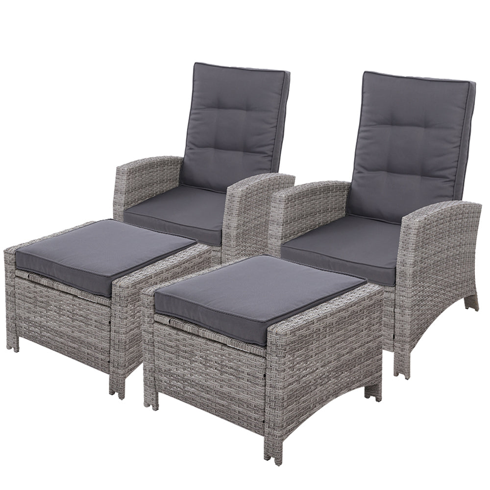 2-piece outdoor wicker recliner set with grey seat cushions and padded adjustable backrests