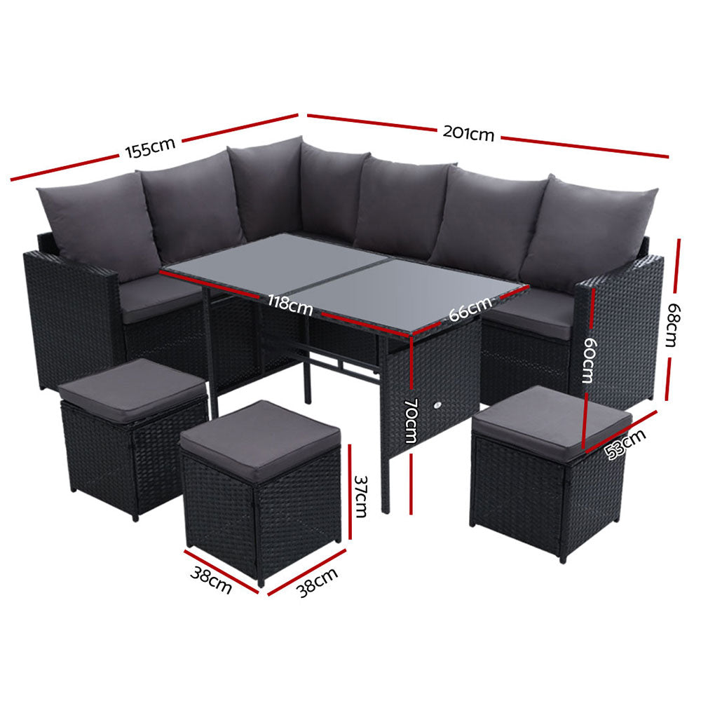 Black corner patio lounge sofa set with glass-top table and matching ottomans