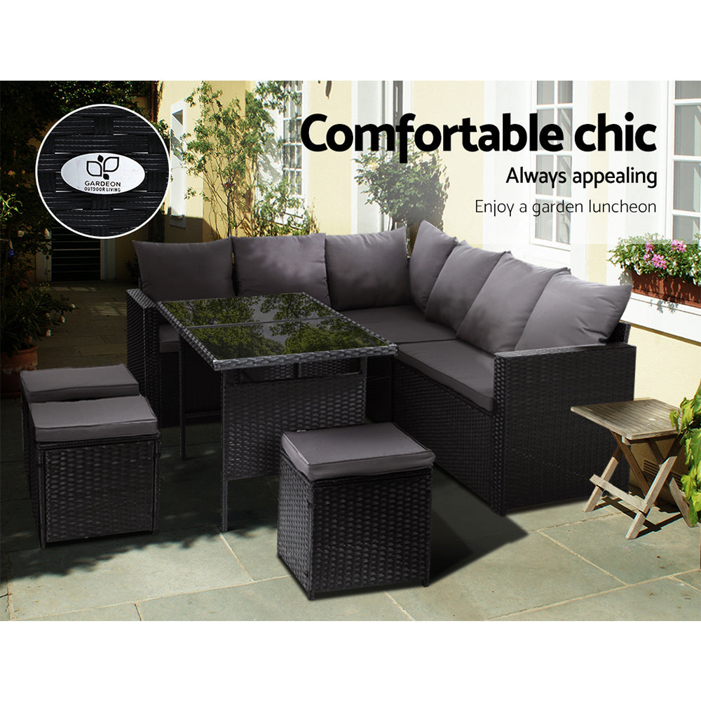Outdoor corner dining sofa set with black wicker frame and gray back cushions