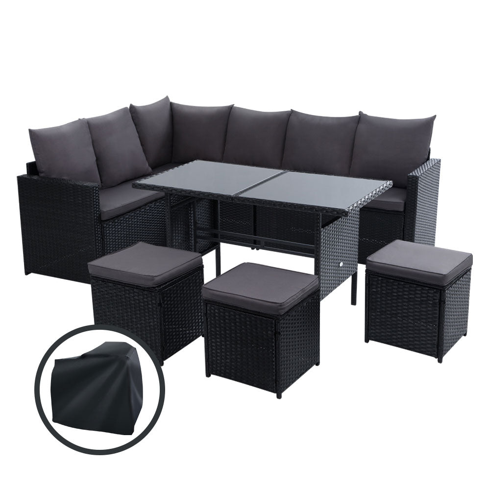 Outdoor corner dining set with gray cushions, black wicker ottomans, and glass-top table