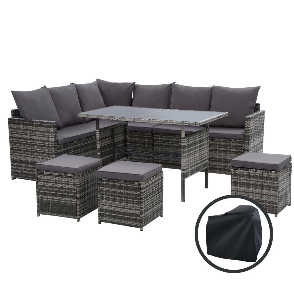 Grey outdoor lounge sofa set with dark woven wicker, ottomans, and protective cover