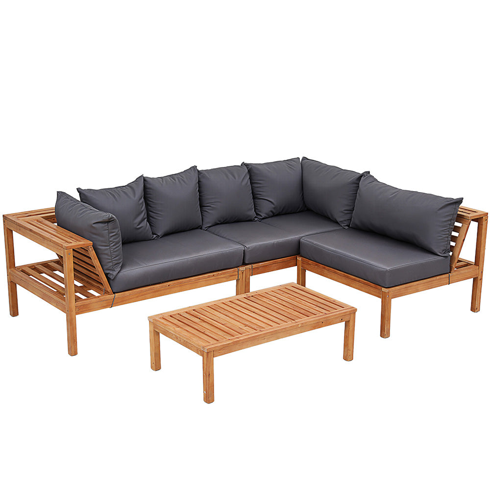 Outdoor corner sofa set with dark gray seat cushions and light wood arms and base