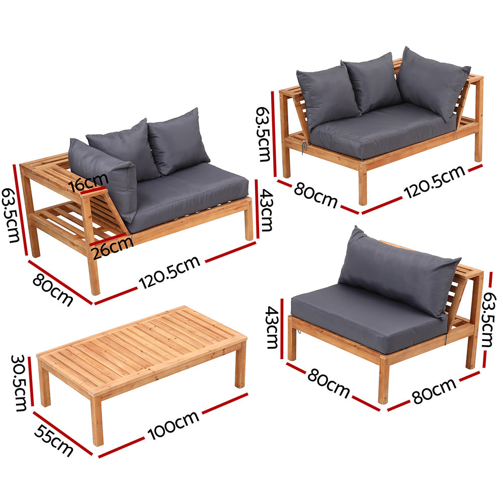 Outdoor sofa corner with dark gray cushions and light wood frame; matching coffee table