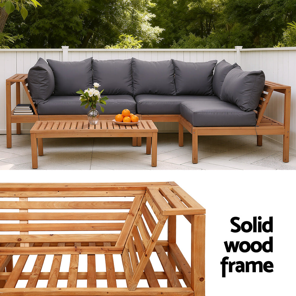 Outdoor sofa set with dark gray cushions and light wood frame, with slatted coffee table