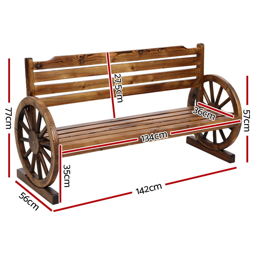 Wooden wagon bench with slatted back and seat; size diagram with measurements shown