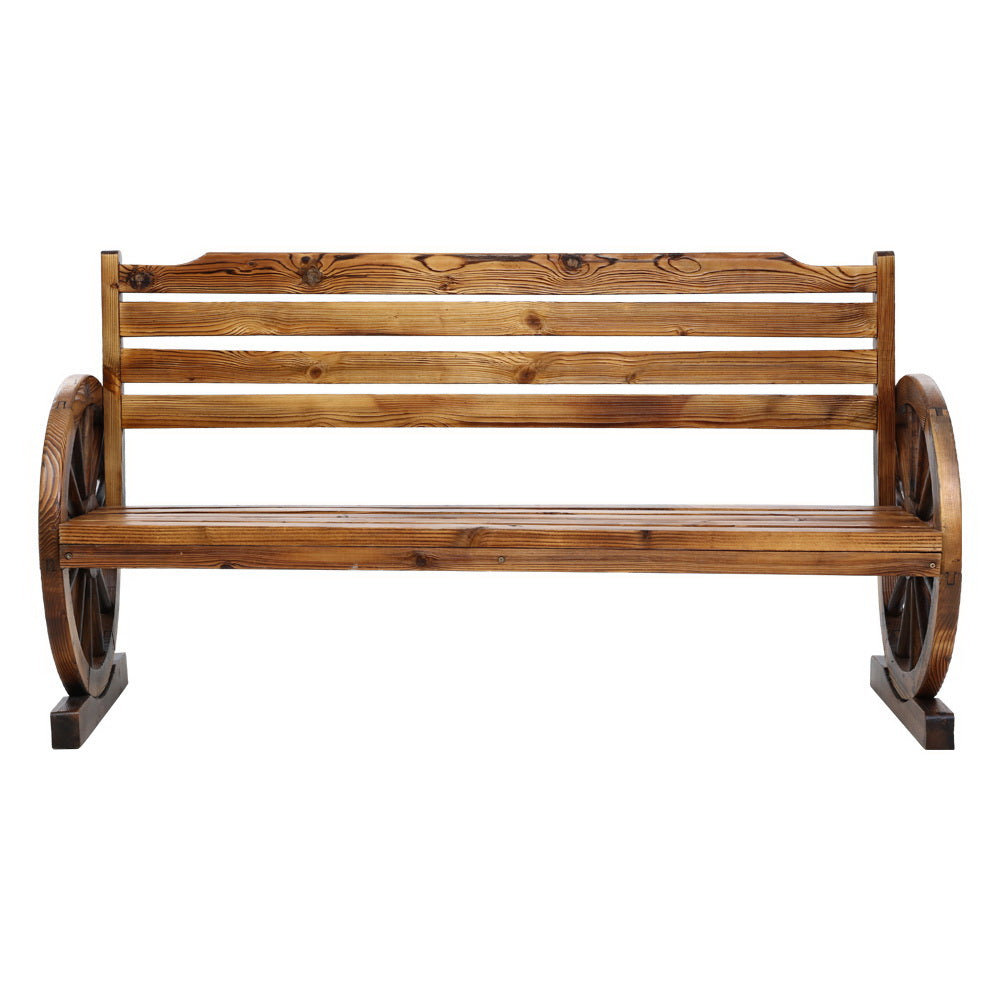 Wooden 3-seat wagon bench with slatted seat and backrest, front view