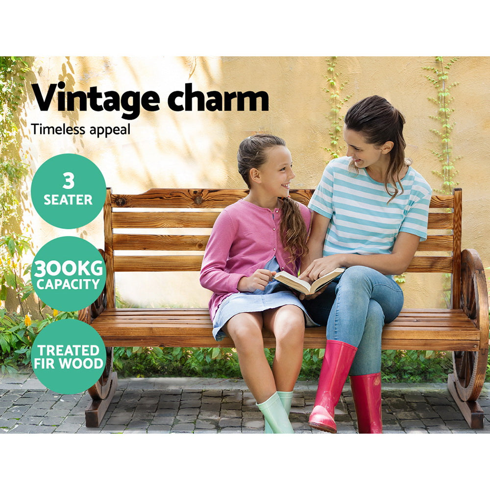 Wooden 3-seat wagon bench with slatted backrest and curved arms for patio use