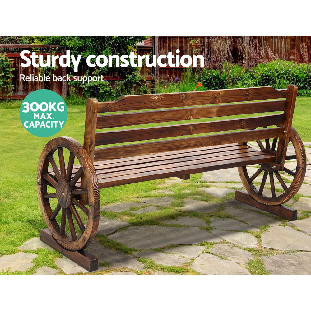 Wooden 3-seat outdoor wagon bench with slatted seat, curved arms, and wheel details