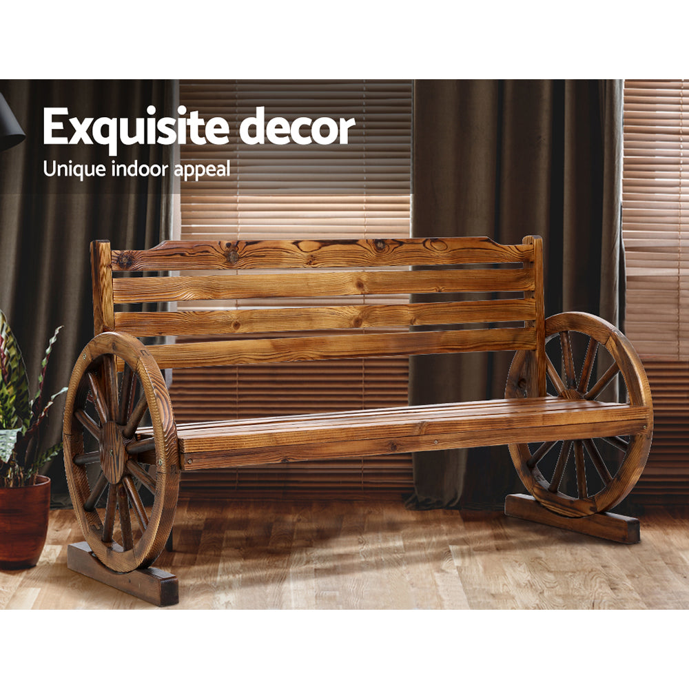 Wooden 3-seat wagon bench with slatted back and seat, styled indoors