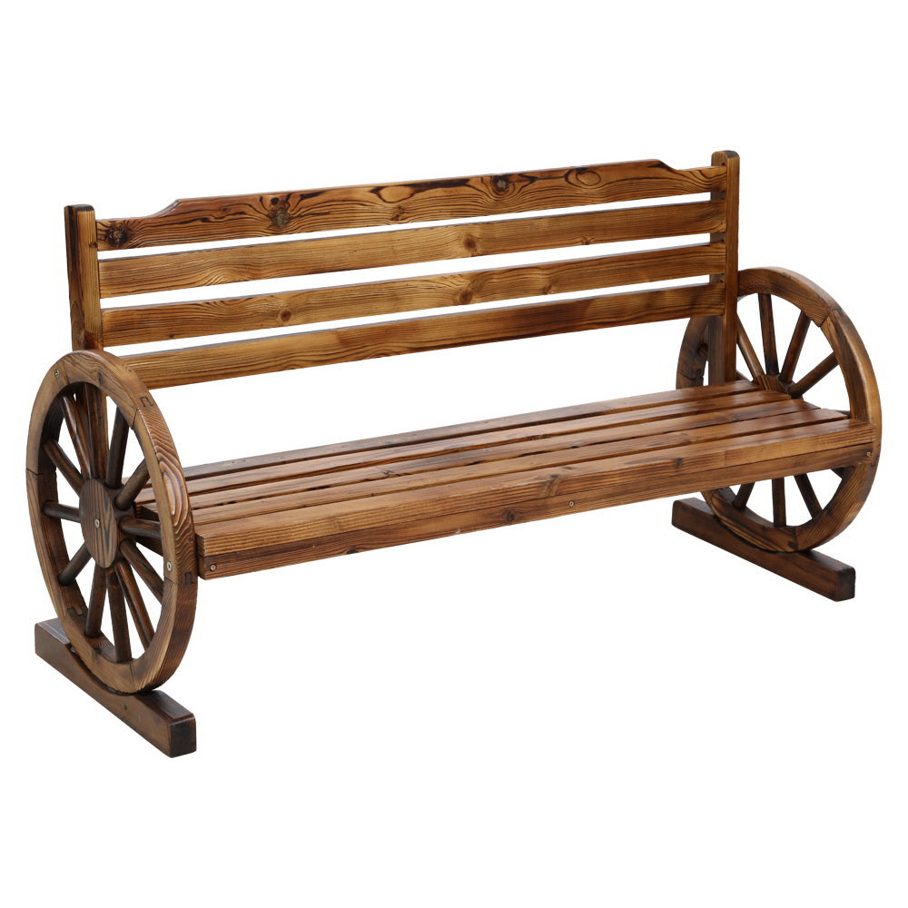 Wooden 3-seat wagon bench with slatted backrest and large wheel accents, angled view