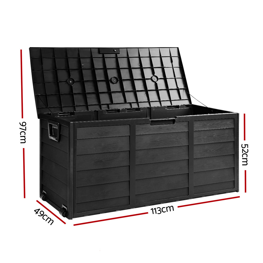 Black outdoor storage box with open lid grid panel and side handles
