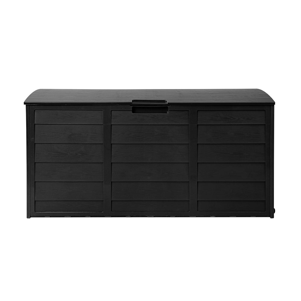 Black outdoor storage box with three front panels and central latch on lid