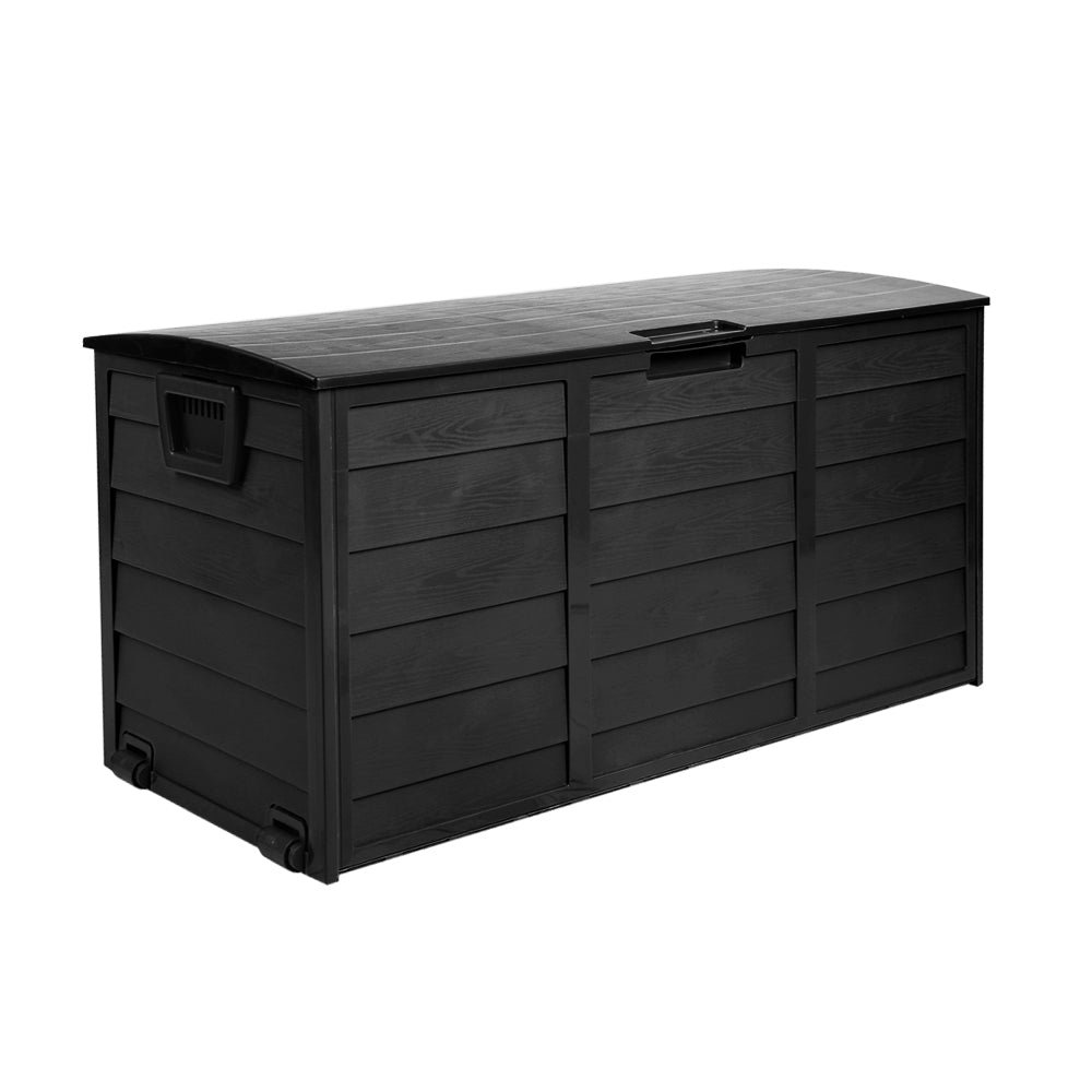 Black outdoor storage box with side latch handle and ribbed panel doors