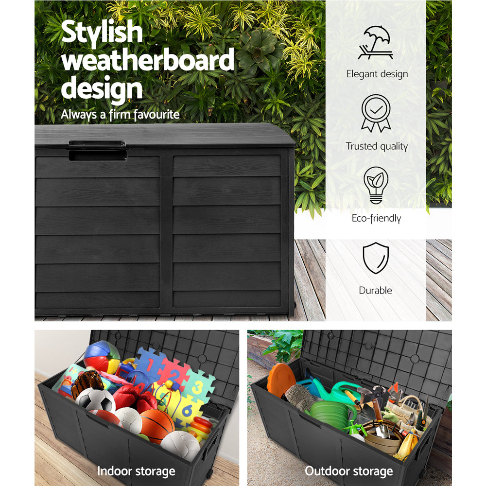 Black outdoor storage box with slatted front panels and top latch