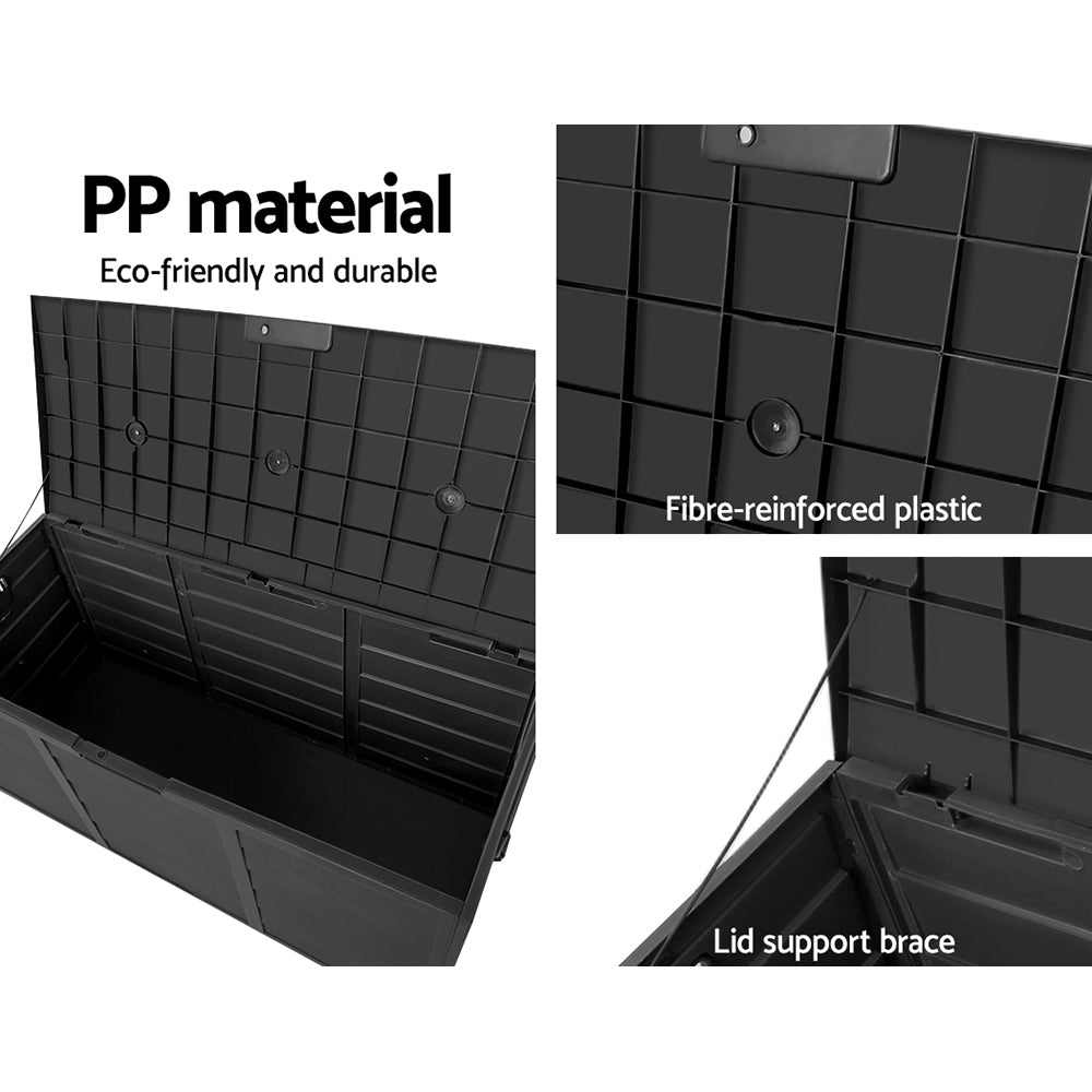 Black outdoor storage box with grid lid, lid support brace, and reinforced plastic