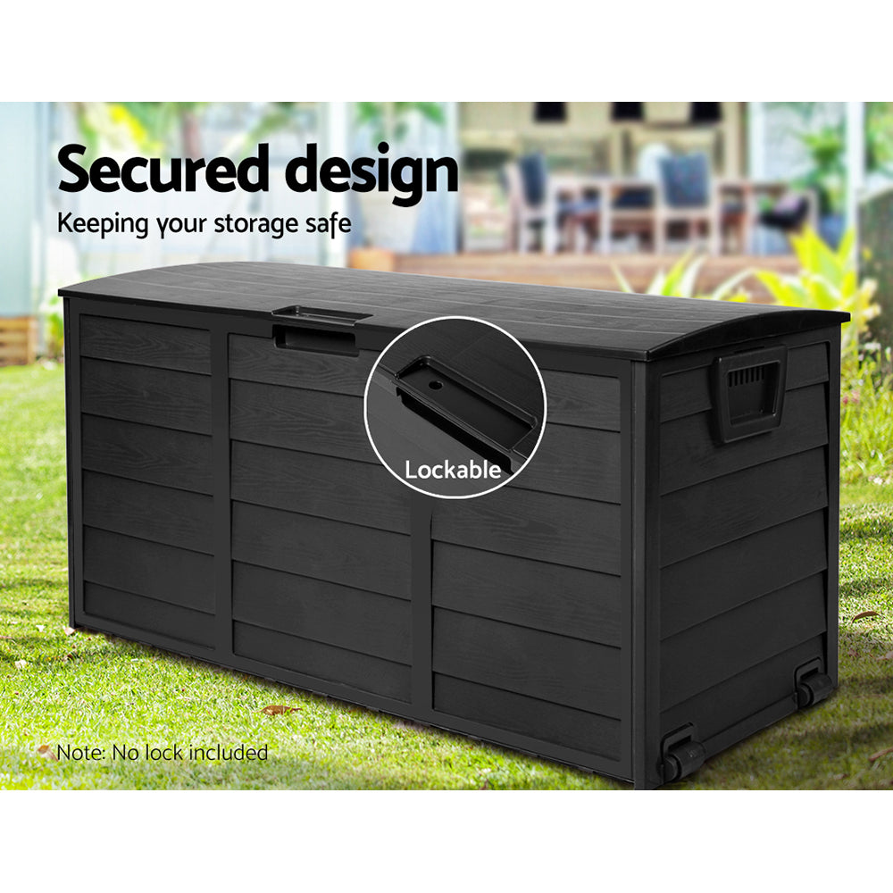 Black outdoor storage box with lockable latch on front and raised lid