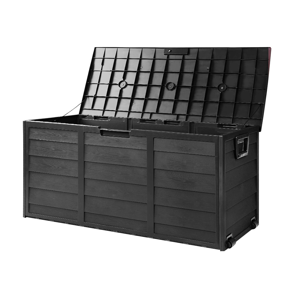 Black outdoor storage box with open lid grid panels and front panel doors