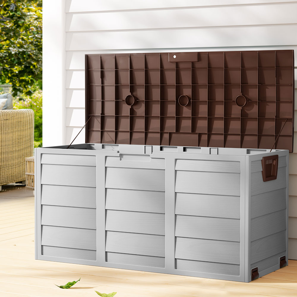 Outdoor storage box with hinged brown lid, grey panels, and lockable front latch, 290L