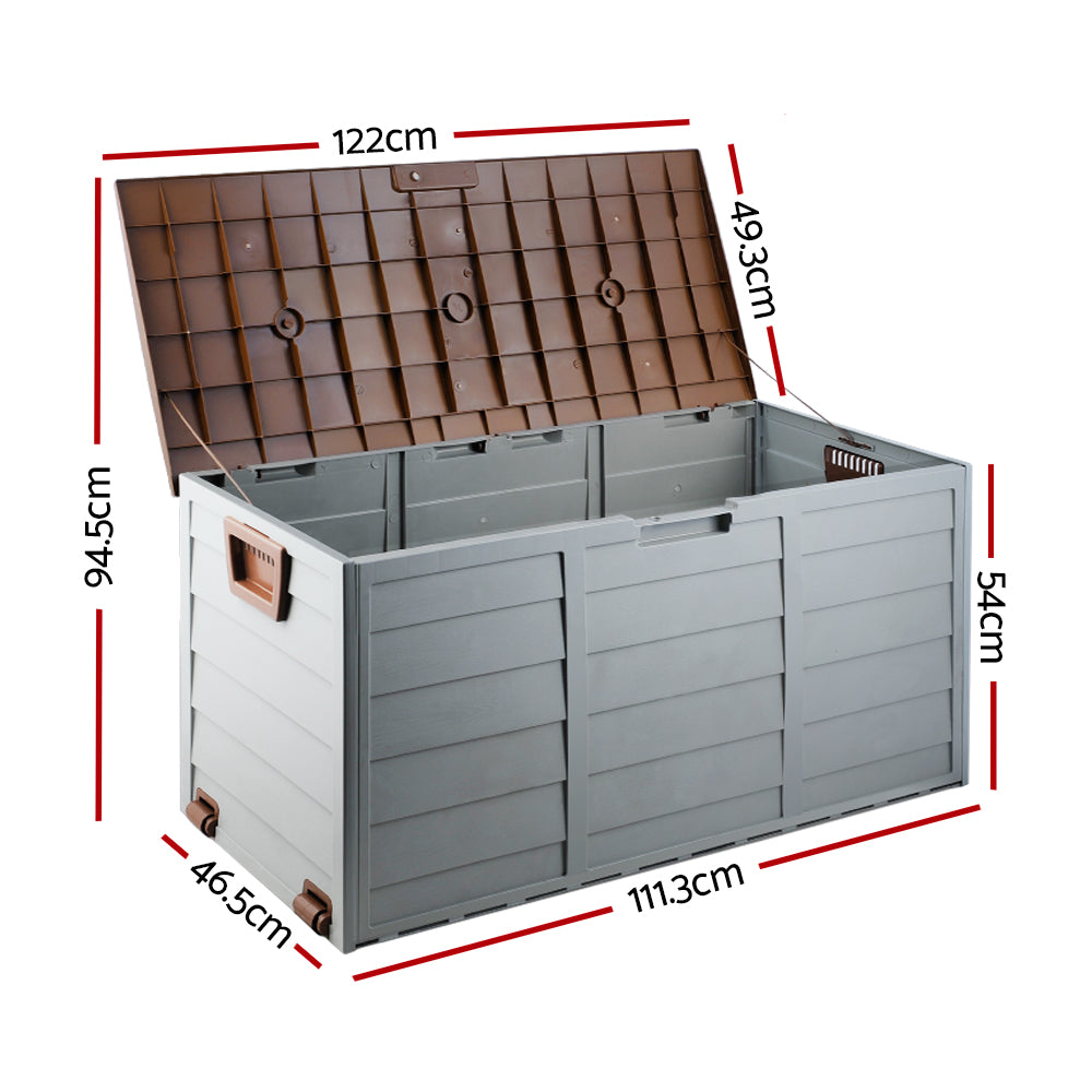 Lockable outdoor storage box shown open, grey body with brown interior grid underside